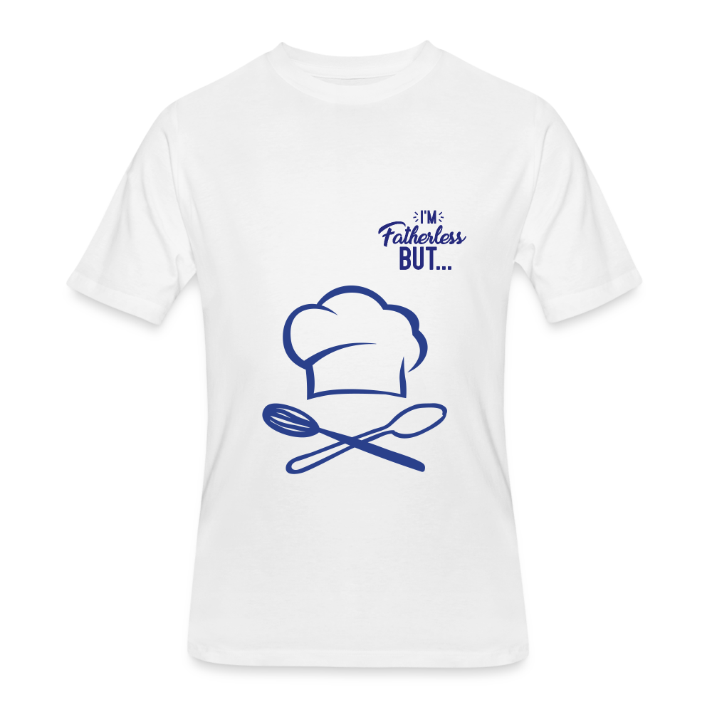 Men’s T-Shirt Fatherless Men's T-Shirt (I'm Top Chef) - white-blue lettering-chef hat and spoons on front.